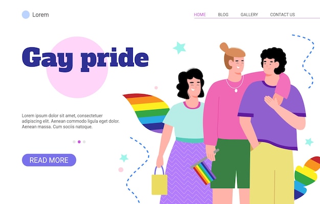 Gay pride web banner mockup with lgbt couple flat cartoon vector illustration