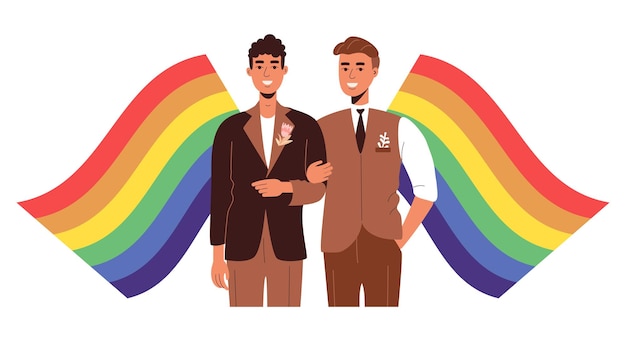 Gay wedding. Two men in love and rainbow lgbt flags. Beautiful men in a tuxedo