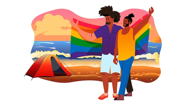 gays holding lgbt rainbow flag pride festival transgender love generation Z concept horizontal vector illustration