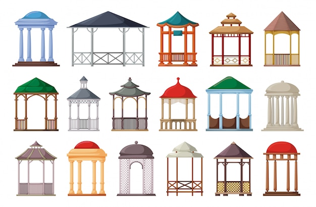 Gazebo of pergola cartoon set icon. Isolated cartoon set icon garden bower.Vector illustration gazebo of pergola on white background.