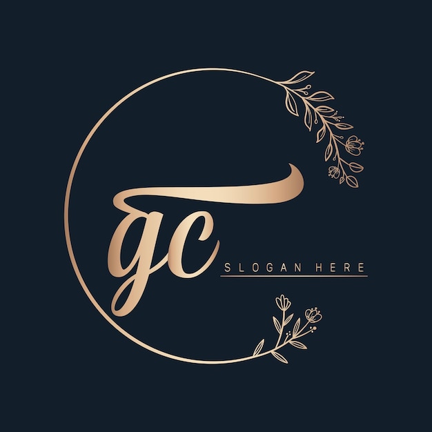 gc letter logo design with circle in gold color leaf and flower