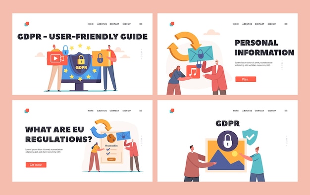 GDPR Privacy Data Protection in Internet Landing Page Template Set Virtual Private Network Tiny Characters at Huge Pc