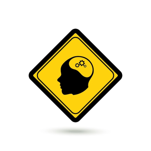 Gear in head sign on black and yellow graphic design vector illustration