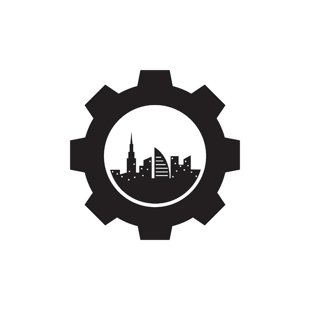 Gear service with cities building logo design vector graphic symbol icon sign illustration creative