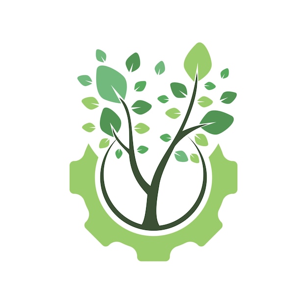 Gear tree vector logo design template Modern nature technology logo Green eco tech and industry lo