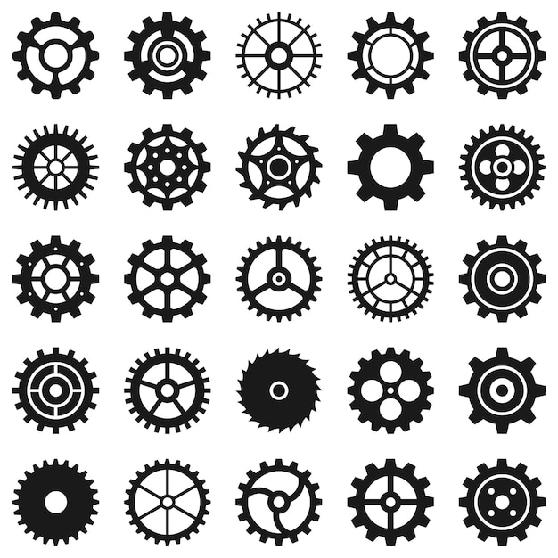 Gears. Transmission cog wheels and machine gearings, technical mecanisme, engineering motor, button black silhouette icons, vector set. Transmission mechanism, engineering machinery gear illustration