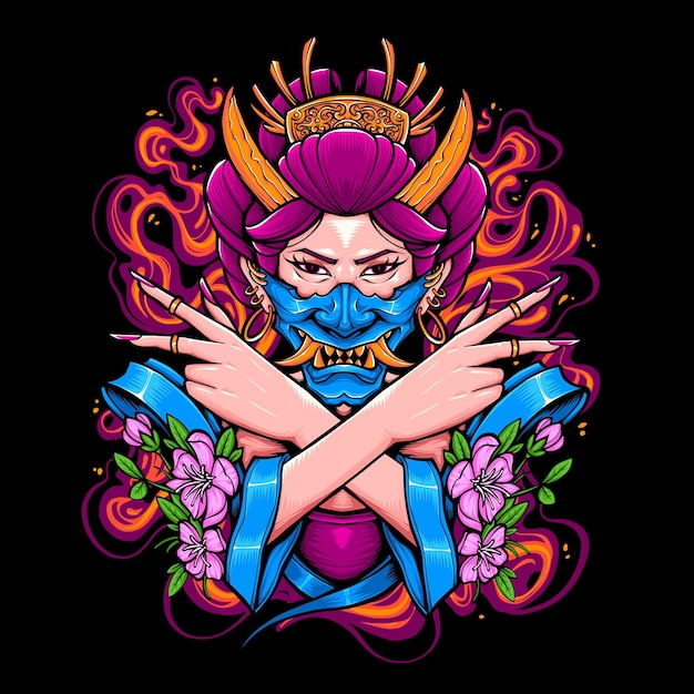 Geisha with demon mask illustration