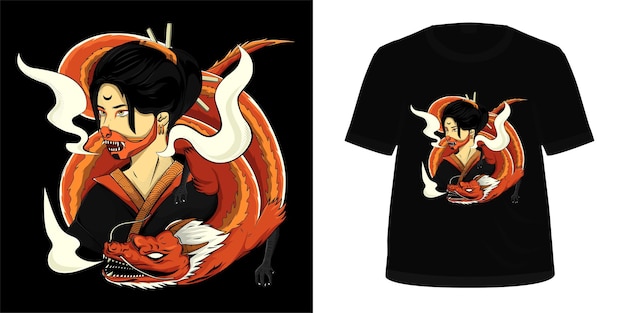 geisha with dragon for t shirt design