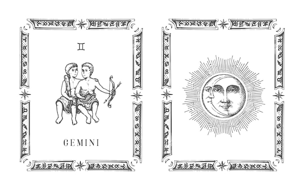 Gemini zodiac symbol in frame,drawn horoscope card