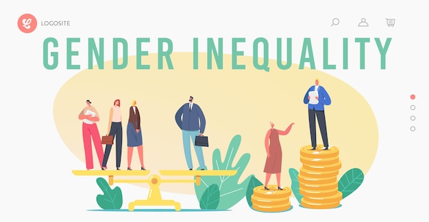 Gender Discrimination and Sex Inequality and Imbalance Landing Page Template. Male and Female Characters Stand on Scales, Businessman Businesswoman Unequal Salary. Cartoon People Vector Illustration