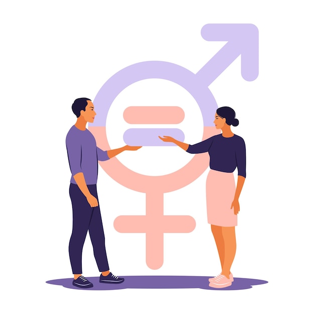 Vector gender equality concept. man and woman character on the scales for gender equality.