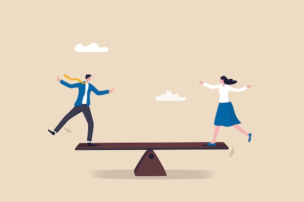 Gender equality treat female and male equally diversity or balance fairness and justice concept businessman and businesswoman balancing on equal seesaw