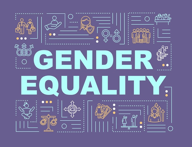 Gender equality word concepts banner. Social inequality. Discrimination. Human rights. Infographics with linear icons on purple background. Isolated typography. Vector outline RGB color illustration