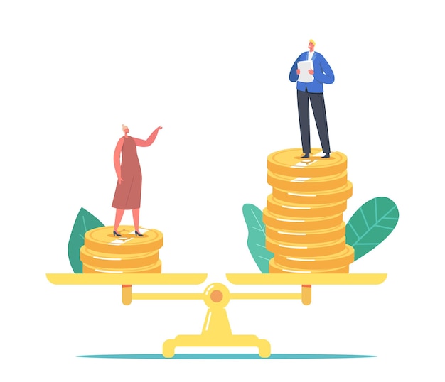 Gender Inequality, Sex Discrimination Concept. Businessman and Businesswoman Characters Stand on Scales with Different Slary Money Piles