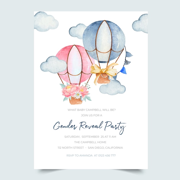 Gender reveal announcement invitation with cute pink and blue watercolor hot air balloons