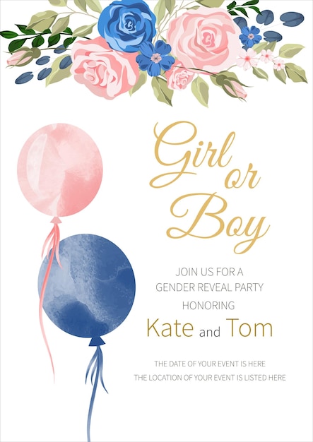 Gender reveal party invitation boy or girl watercolor pink and blue balloons with flowers and ribbon