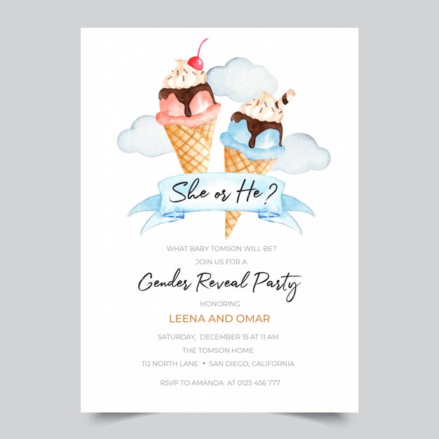 Vector gender reveal party invitation template with watercolor ice cream illustration