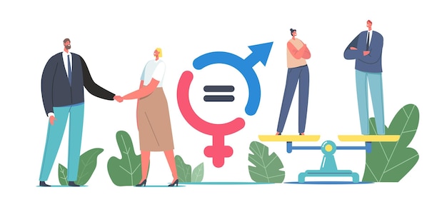 Vector gender sex equality and balance concept. male and female business characters shaking hands, businessman and businesswoman stand on scales, equal salary, feminism. cartoon people vector illustration