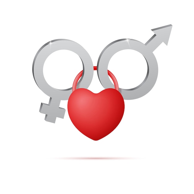 Gender symbols of man and woman connected by heart