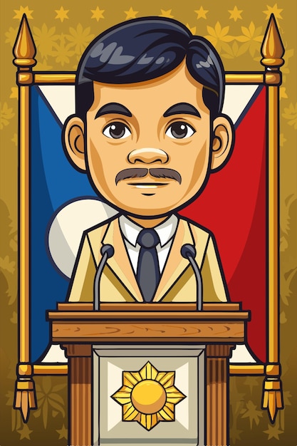 Vector generate a simple portrait of jose rizal in a podium as a senator and make the background the flag