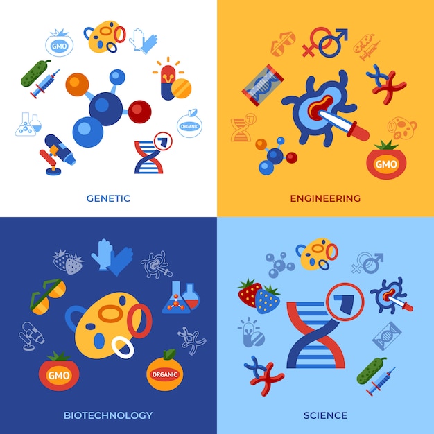 Genetic engineering gmo technology icons set