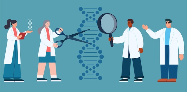 Genetic research concept scientists studying dna molecule vector illustration