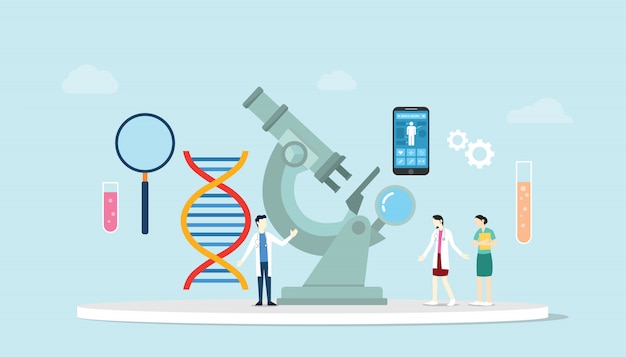 Genetic science health engineering  with microscope and lab team research with dna chromosome with modern flat style.