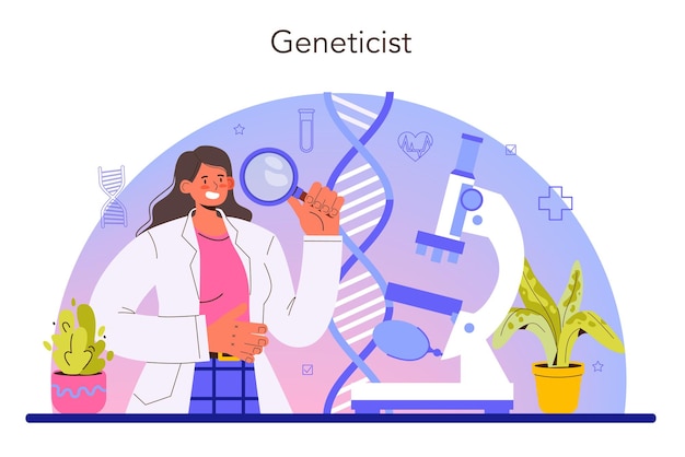 Geneticist concept. Medicine and science technology. Scientist work with DNA molecule structure. Genetic test analysis and genetic disease prevention. Flat vector illustration