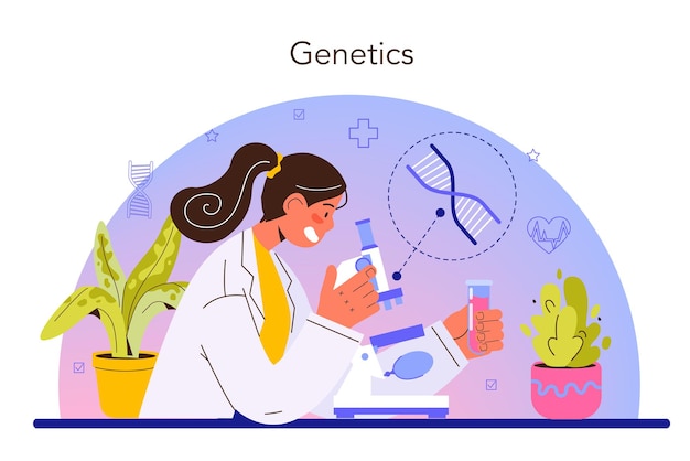 Geneticist concept. Medicine and science technology. Scientist work with DNA molecule structure. Genetic test analysis and genetic disease prevention. Flat vector illustration