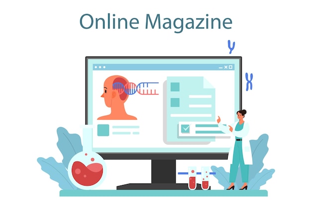 Geneticist online service or platform Medicine and science technology Scientist work with molecule structure Online magazine Vector flat illustration