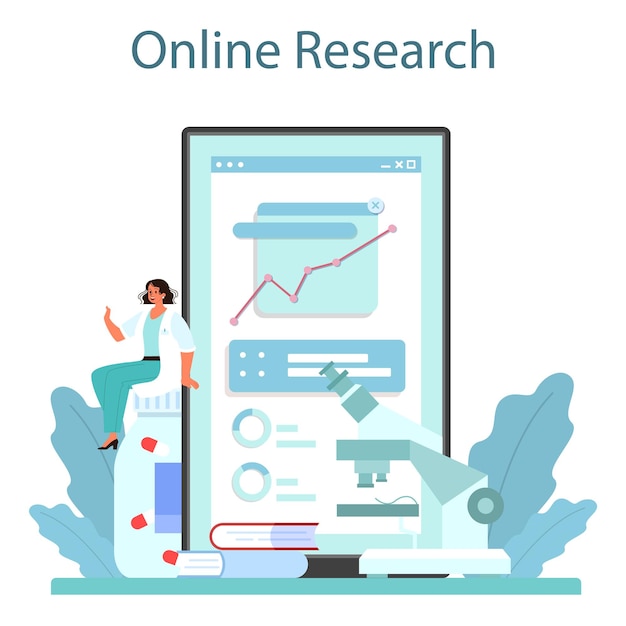 Geneticist online service or platform Medicine and science technology Scientist work with molecule structure Online research Vector flat illustration