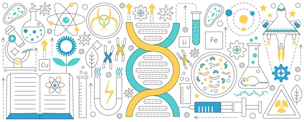 Genetics and bioengineering thin line scientific laboratory equipment and structures