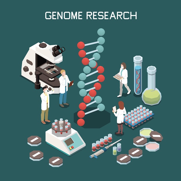 Genetics isometric composition with laboratory equipment illustration