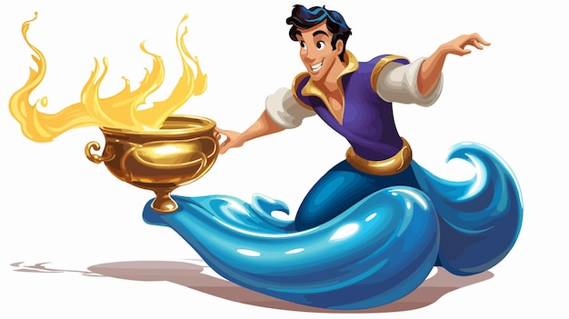 Vector genie cartoon character coming out of a gold magic lamp