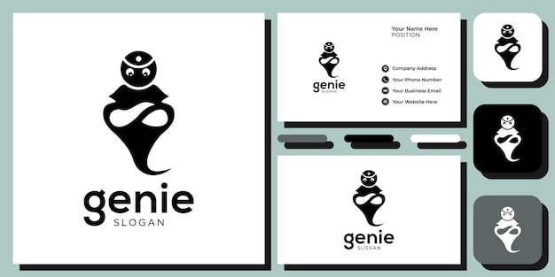 genie design magic lamp bottle teapot smoke black white background with business card template