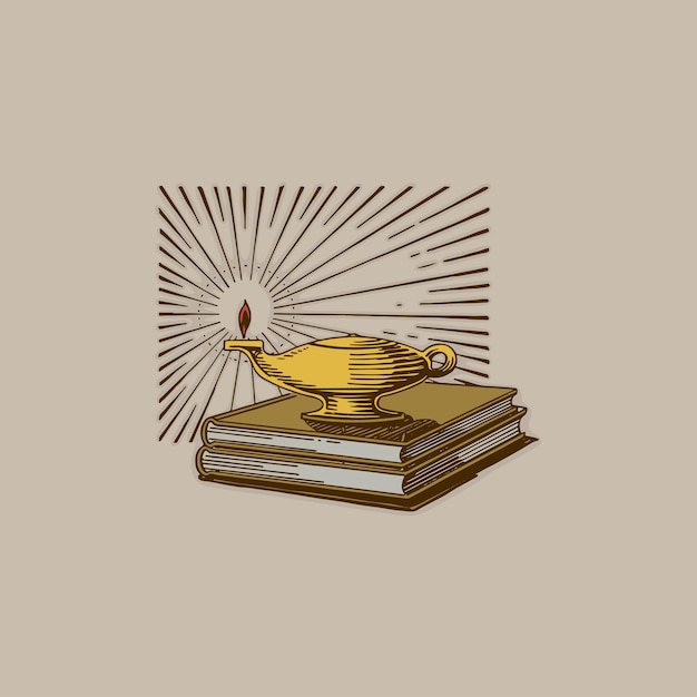 Vector genie lamp with flame and books retro logo vintage illustration template design vector elements