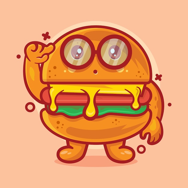 genius hamburger food character mascot with think expression isolated cartoon in flat style design