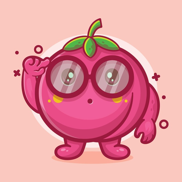 genius peach fruit character mascot with think expression isolated cartoon in flat style design