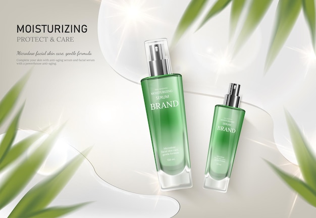 Gentle skincare glass bottle green leaves cosmetic ads pump bottle product lying on water surface background in top view angle with water drops and leaves