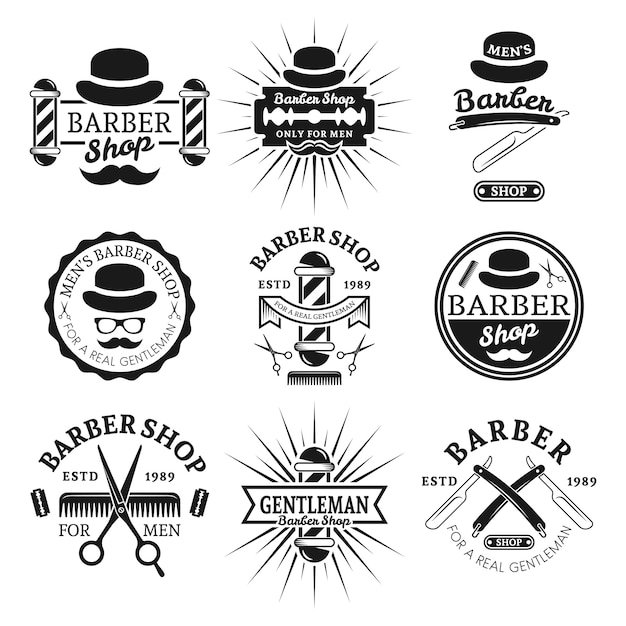 Gentleman barber shop set of vector vintage monochrome labels, badges, emblems isolated on white