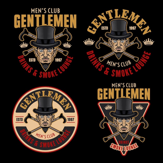 Gentlemen club vector set of emblem logo badge or label in cartoon colored style on dark background