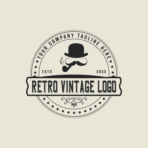 Gentlemen smokers club retro vintage vector logo emblem with hat and cigar