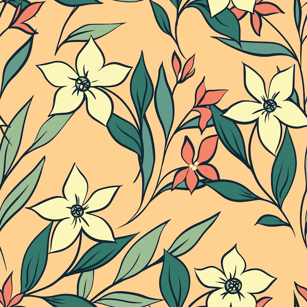 Gently floral print seamless pattern with contour drawing flowers leaves twigs and herbs Romantic botanical background in pastel colors Vector illustration