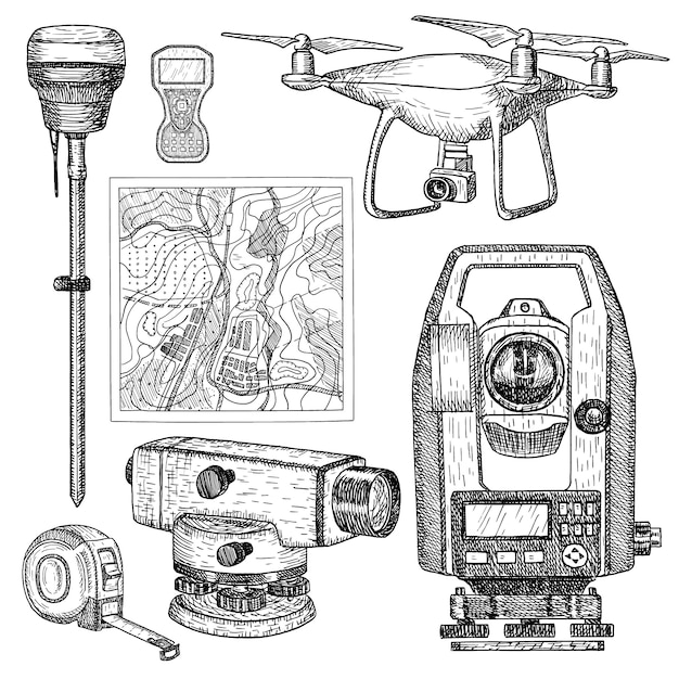 Geodetic equipment hand drawn engraved style.