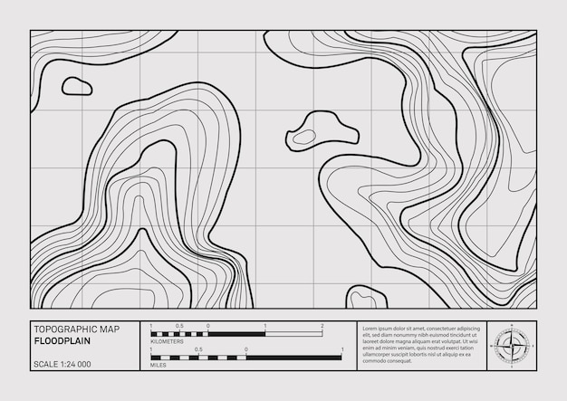 Vector geographical floodplain landscape relief contour map topographic poster abstract line drawing