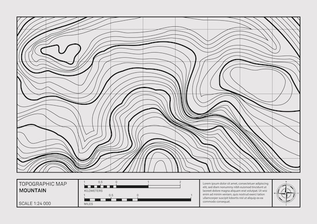 Vector geographical mountain landscape relief contour map topographic poster abstract line drawing