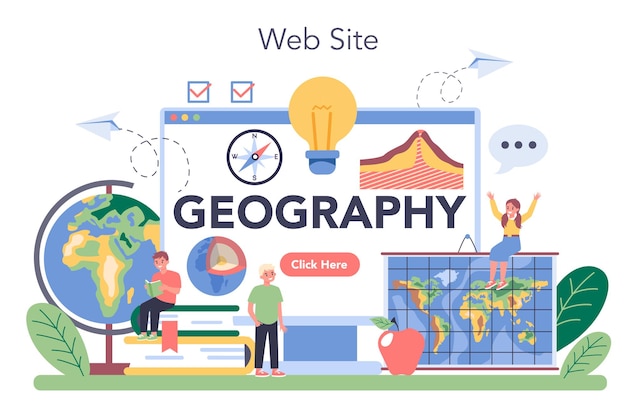 Geography class online service or platform. Studying the lands, features, inhabitants of the Earth. Website. Isolated vector illustration