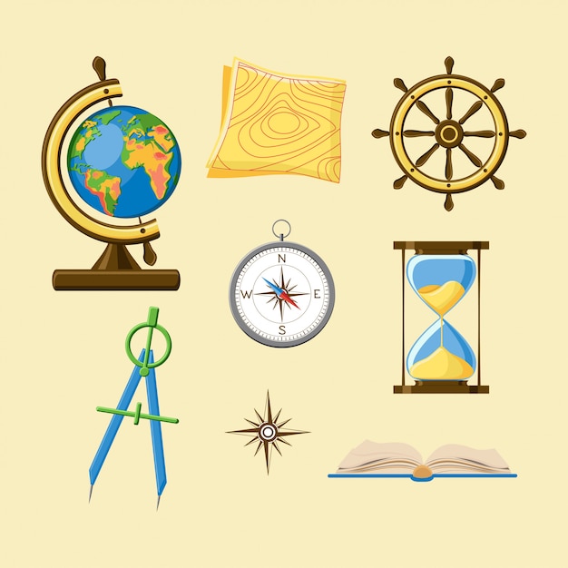 Vector geography set with globe, topography map, ship wheel, compass, hourglass, windrose and boo