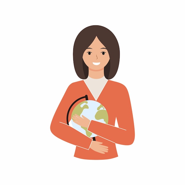 The geography teacher is holding a globe. Happy teacher with a smile and a globe. Vector character in a flat style.