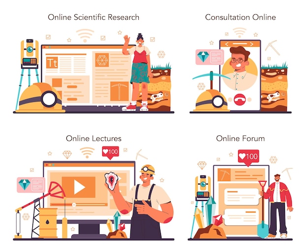 Geology online service or platform set. Scientist study structure, evolution of the Earth, natural mineral and energy resources. Online consultation, forum, lecture, research. Flat vector illustration